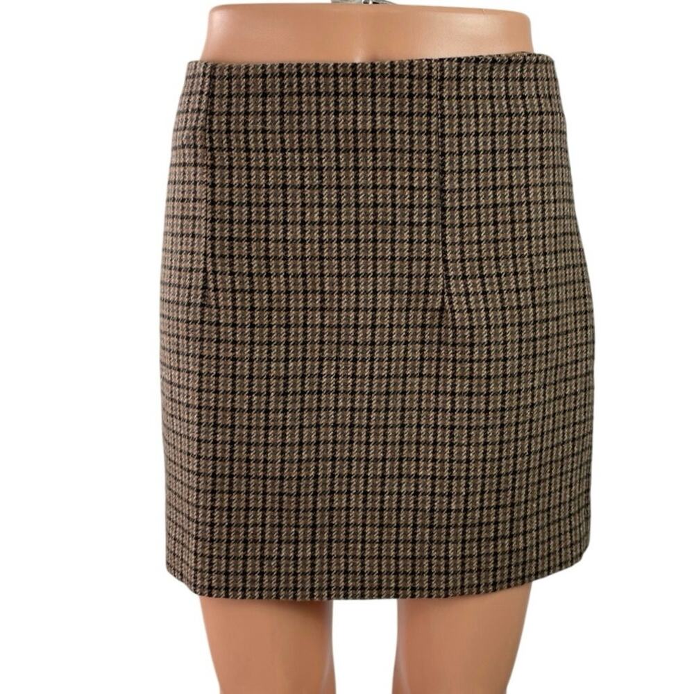 MNG Mango Brown Beige Wool Houndstooth Plaid Pleated Pencil Mini Skirt Size S